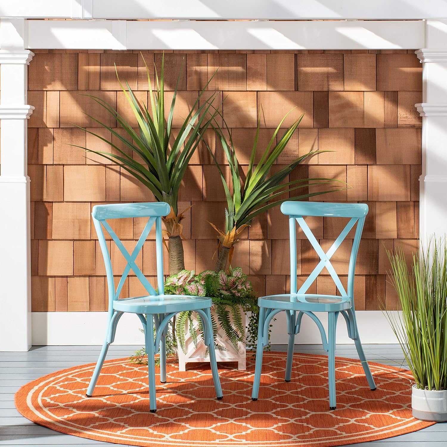 Safavieh PAT3005D-SET2 Outdoor Axton Side Baby Blue Stackable X-Back (Set of 2) Arm Chair