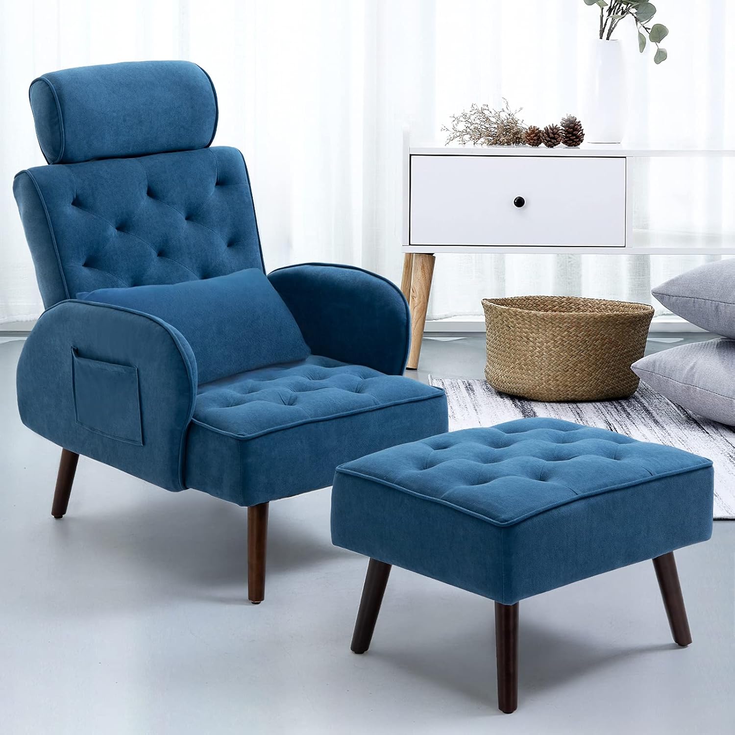 ECOTOUGE Accent Chair with Ottoman(Adjustable Backrest, Headrest), Velvet Living Room Chair, Lounge Chaise with Footrest for Bedroom, Blue