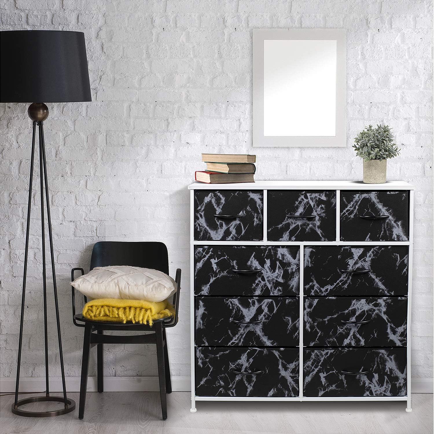 Sorbus Dresser with 9 Drawers, Marble Black &ndash; White Frame