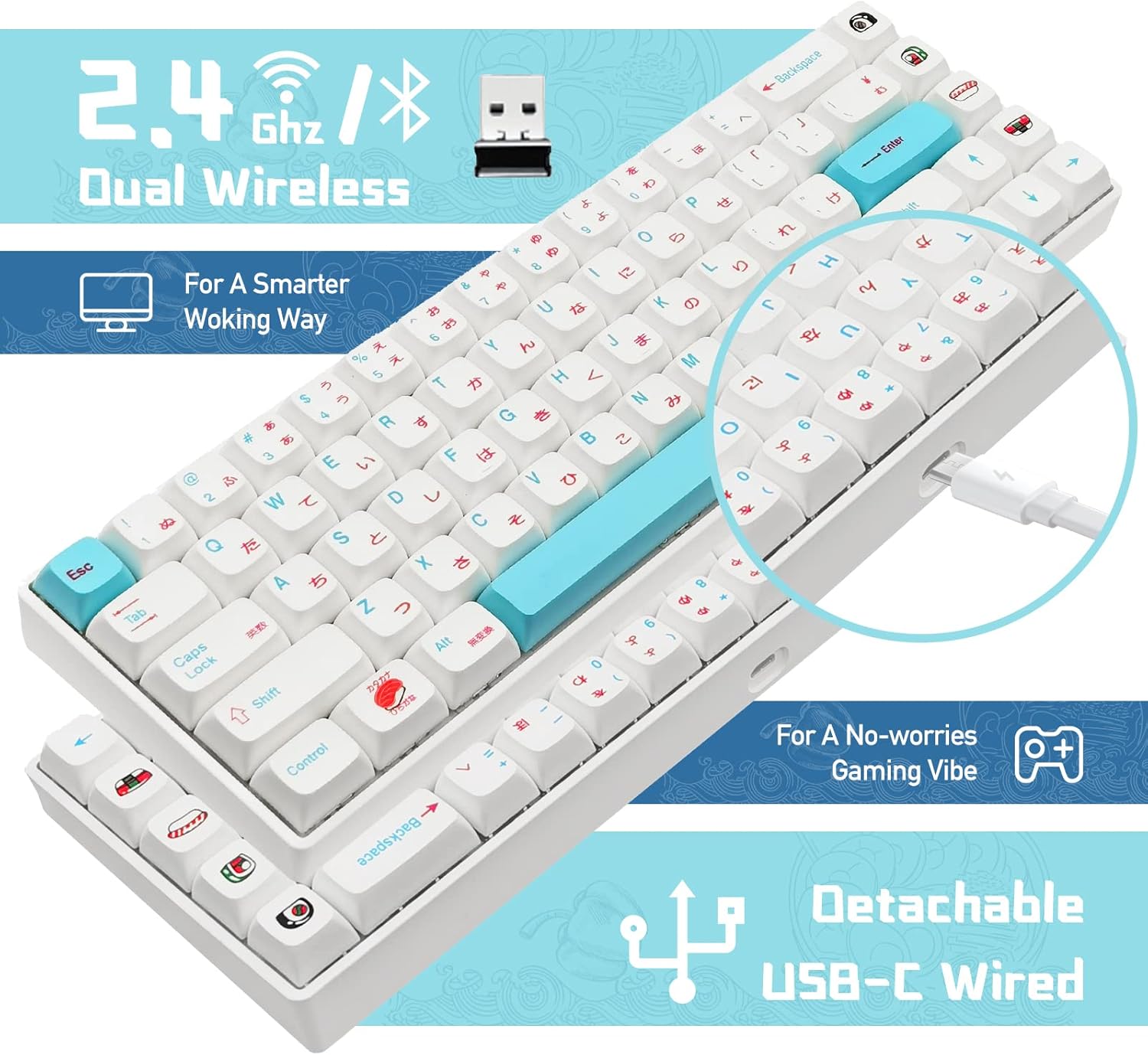Basaltech Wireless Mechanical Keyboard 68 Keys Hot-Swap Gaming Keyboard, Three Mode Keyboard with RGB Backlit, Dye-Sub PBT Keycaps for Mac Windows Ipad PC Gamer(Gateron Yellow Switch, Sushi Theme)