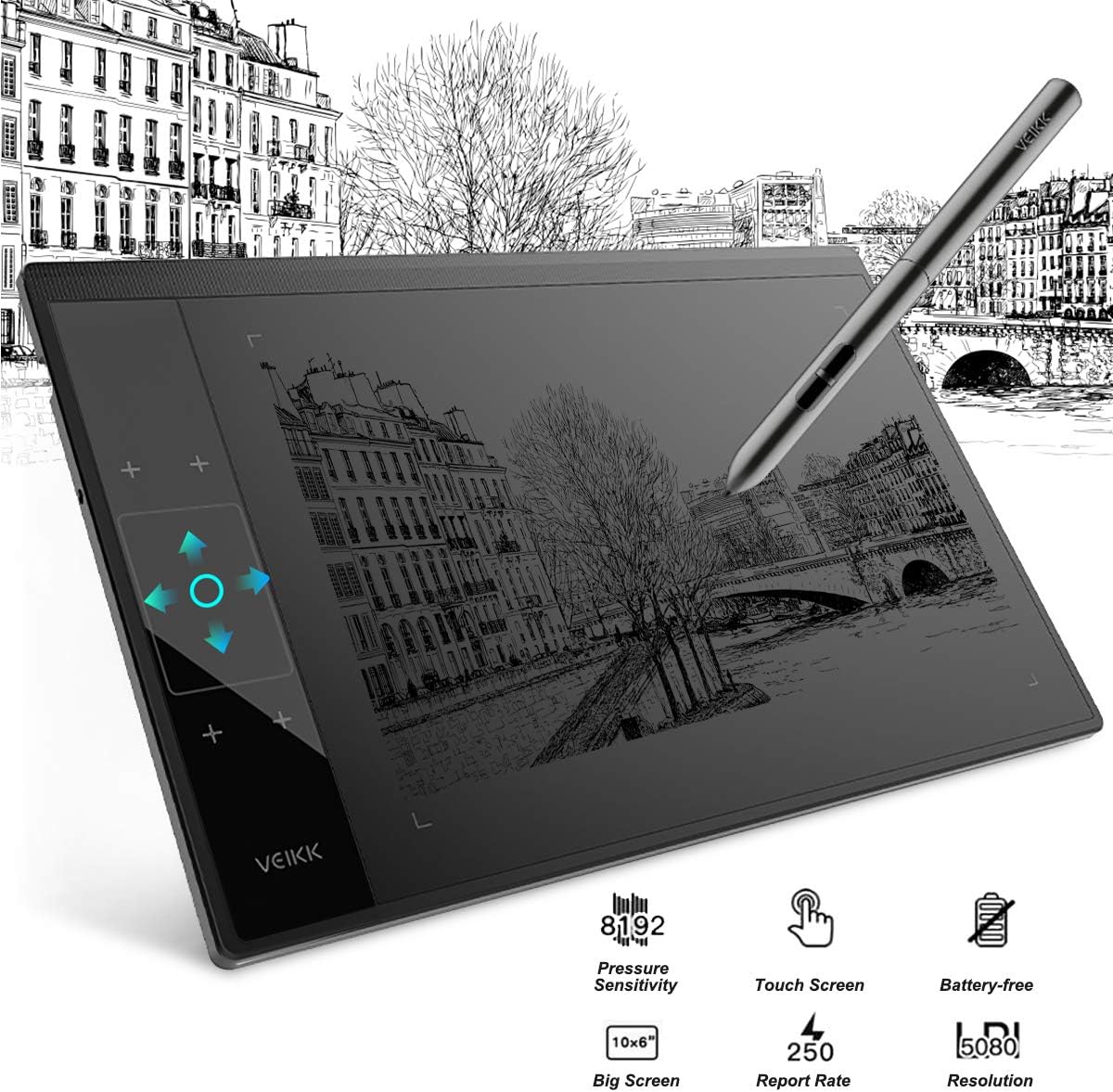 Drawing Tablet VEIKK A30 Graphic Pen Tablet with Gesture Touch Pad ,4 hotkeys,10x6 inch Working Area Battery-Free Stylus Pack of 2