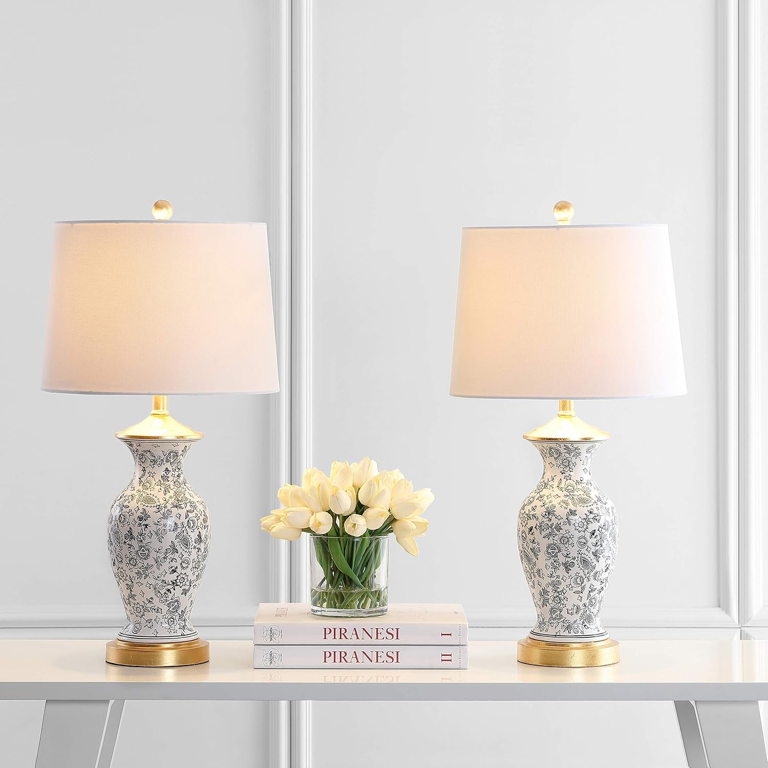 SAFAVIEH Lighting Collection Kaeden Floral Black/ White 27-inch Bedroom Living Room Home Office Desk Nightstand Table Lamp Set of 2 (LED Bulbs Included)