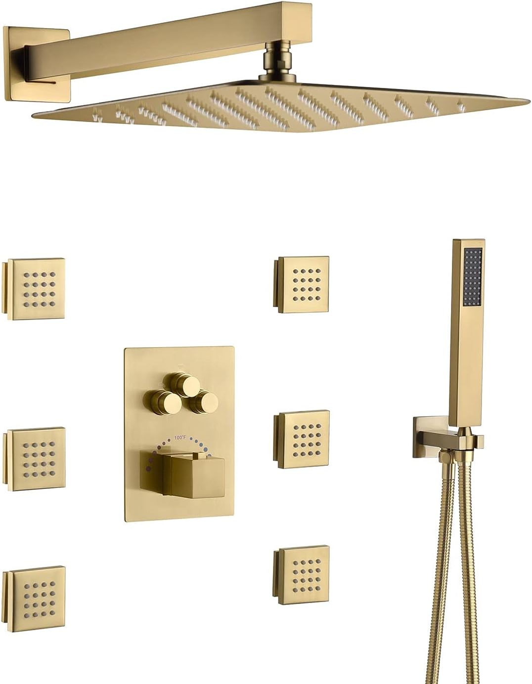Brushed Gold Wall Mounted 12 Inch Rainfall Shower Head 3 Way Thermostatic Shower Faucet with 6 Body Jets Each Function Work All Together and Separately