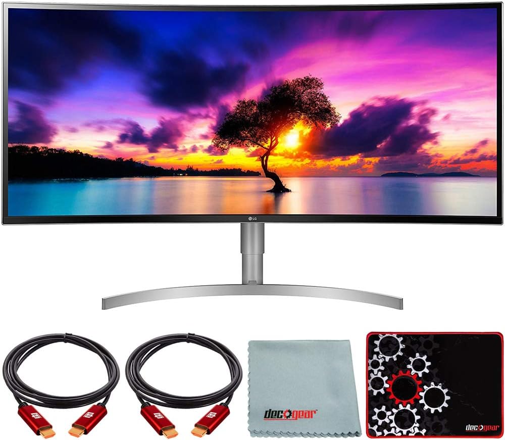LG 38WK95C-W 38 Inch Class 21:9 Curved UltraWide WQHD+ Monitor with HDR 10 2018 Bundle with Deco Gear HDMI Cable 2 Pack + Gamer Surface Mousepad + Screen Cloth