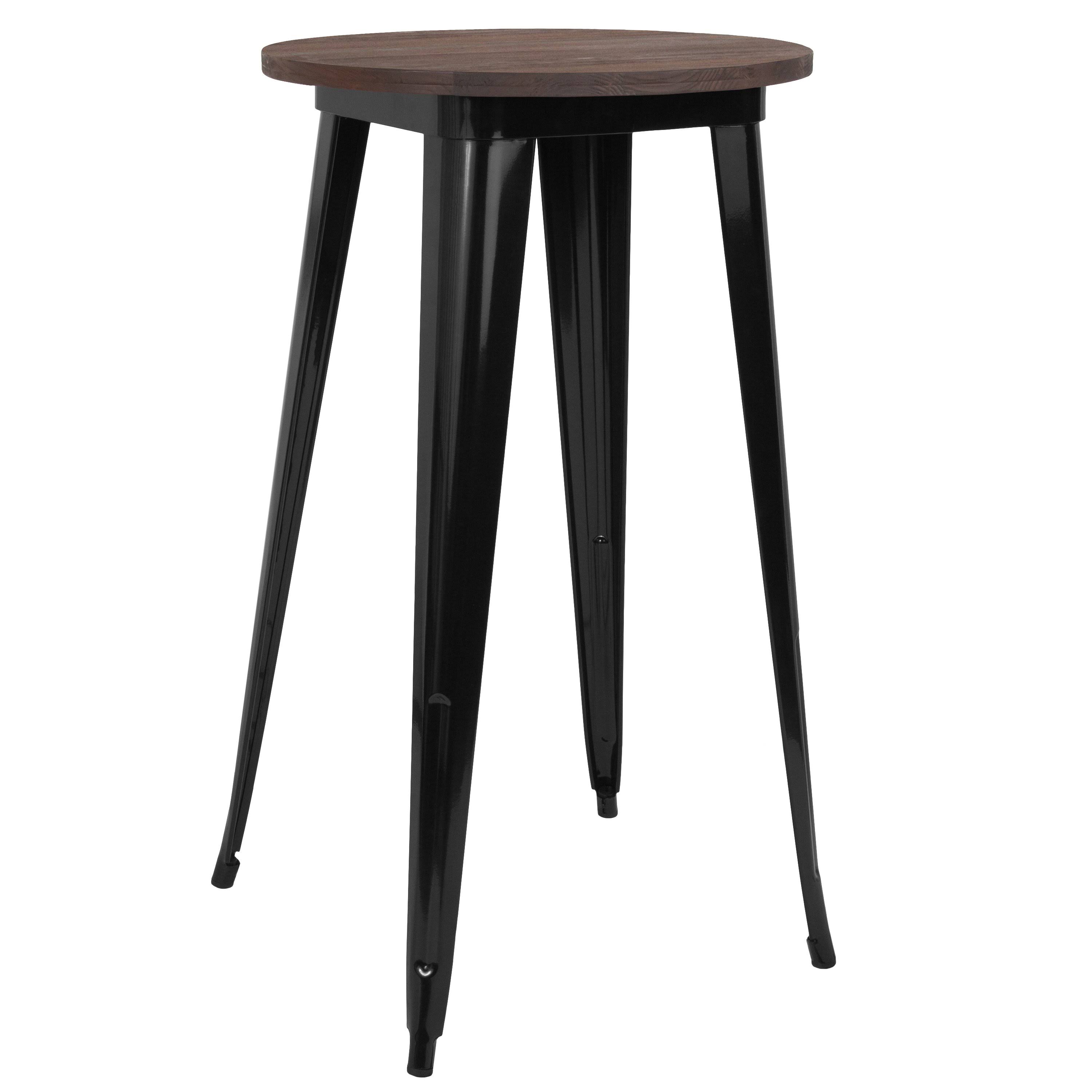 Alamont 24x22 Round Black Metal Indoor Bar Height Table with Walnut Rustic Wood Top