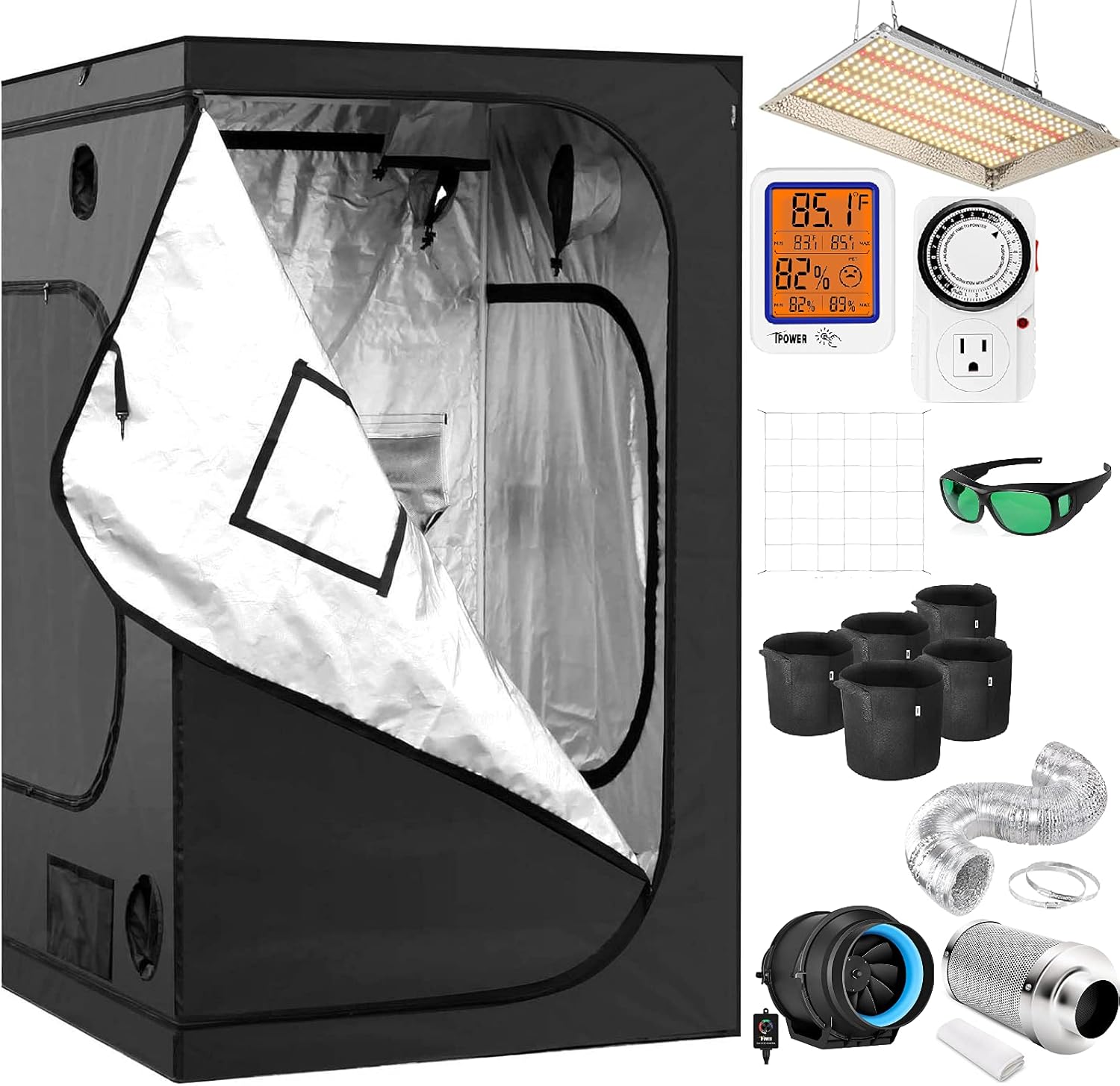 iPower Tent Kit Complete 4x4 System with Led Growing Light, 4 Inch Inline Fan, Carbon Filter and 8ft Ducting Combo, 48