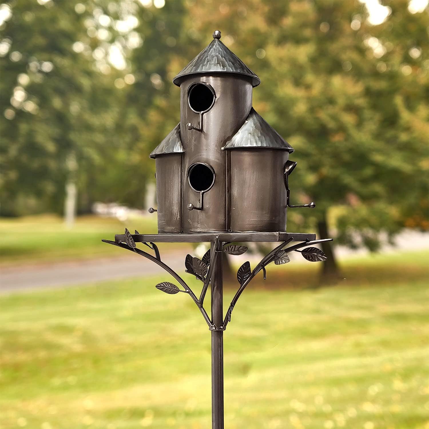 Zaer Ltd. Large Silver Colored Multi-Birdhouse Stakes, Room for 4 Bird Families in Each (Plump Triple Cylinder Homes (Silver Color))