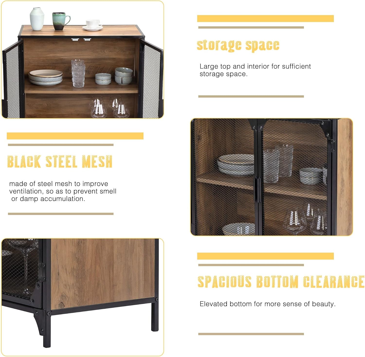 JAXSUNNY Metal Storage Cabinet with Mesh Doors, Industrial Bar Cabinet Buffet Sideboard for Living Room, Dining Room, Bedroom, Black