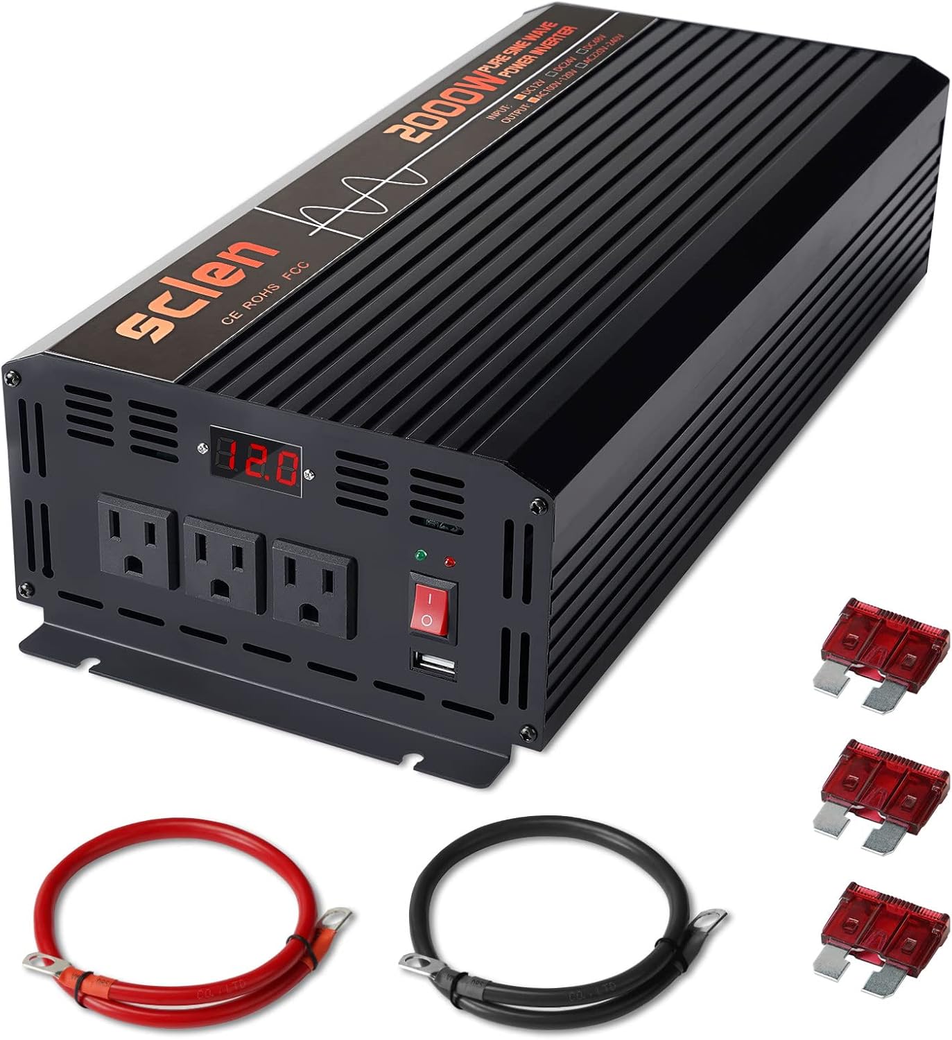 Sclen 2000W Pure Sine Wave Power Inverter 12V DC to 120V AC Converter,Car Inverter with LCD Display and 3AC Outlets and 1 USB Port,2 Cooling Fan Power Inverter for Home Boat Truck and Emergency