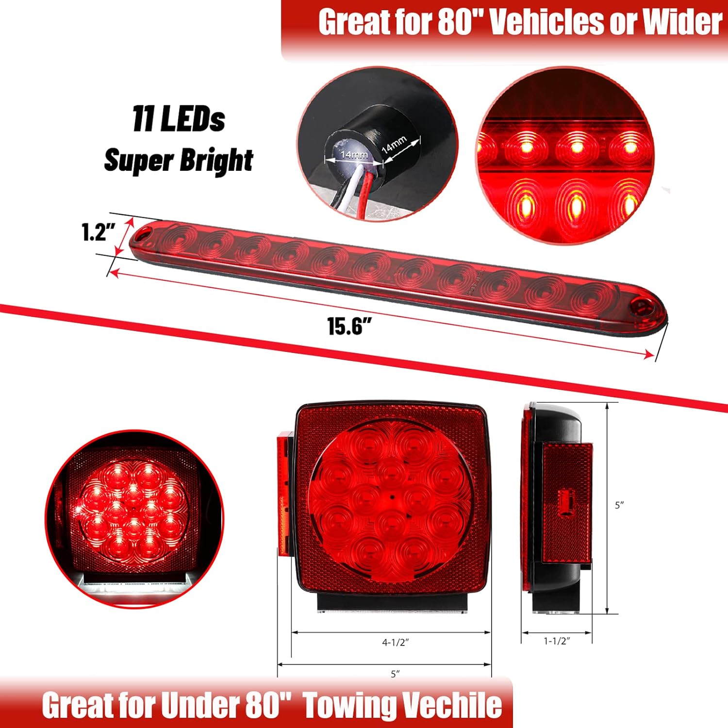 CZC AUTO 12V Submersible LED Trailer Light Kit for Under 80 Inch Vehicles Square Stop Turn Tail Lights with Wire&Bracket, Side Marker Lights, 16