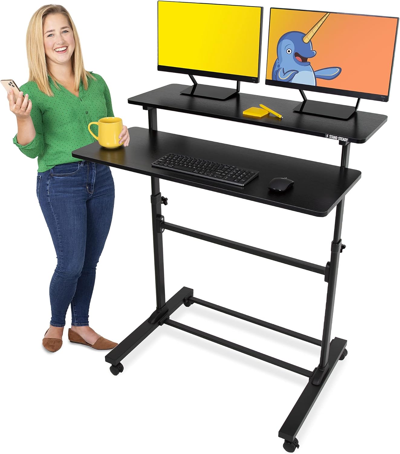 Stand Steady Tranzendesk | Height Adjustable Mobile Standing Desk with Shelf | Two Level Portable Workstation with Locking Wheels | Stand Up Desk for School, Office, & Presentations (Black/40 x 28in)