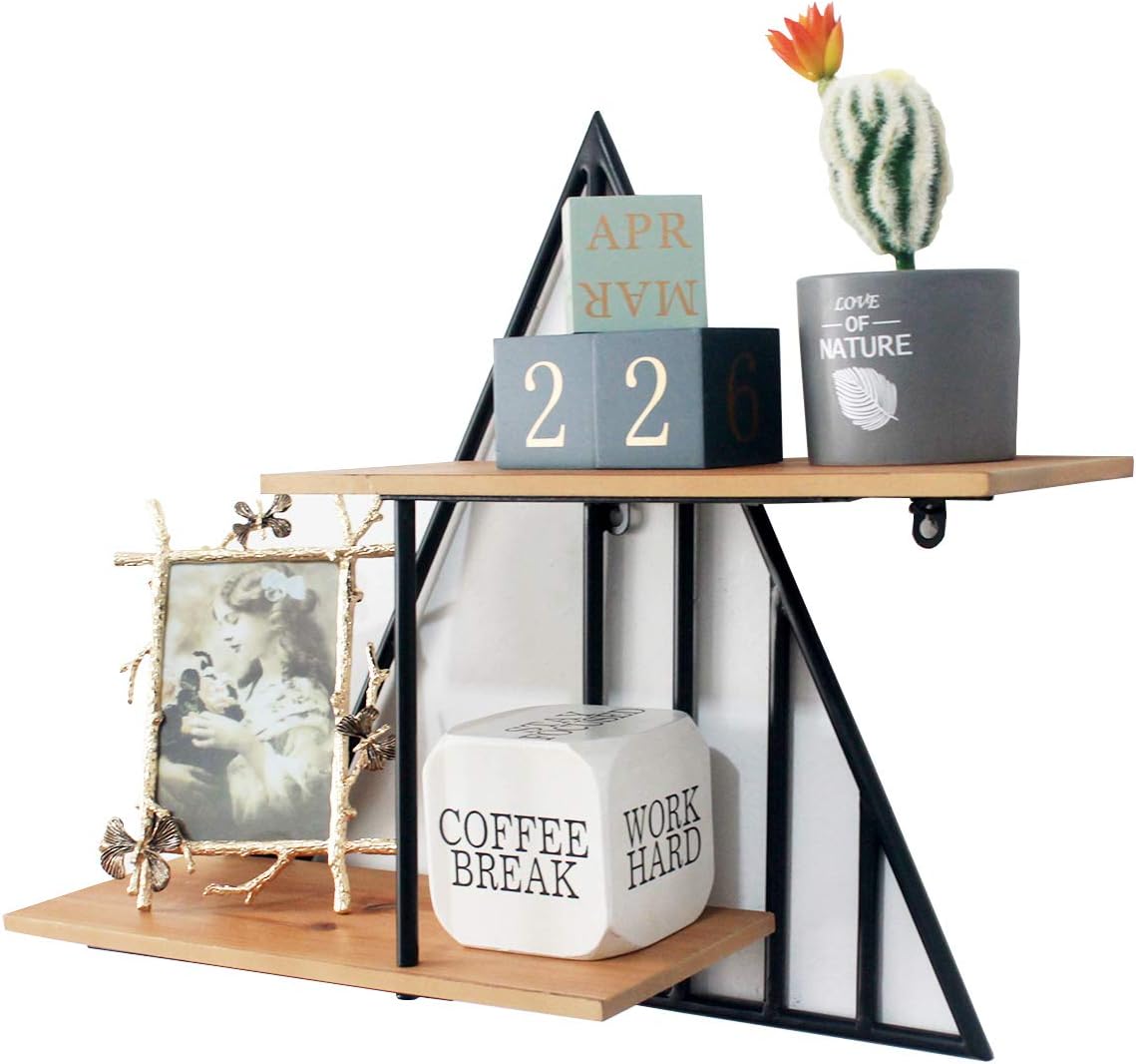 Funerom Rustic Metal and Wood Wall Shelf Triangle Floating Shelf for Bathroom Living Room or Kitchen Pack of 2