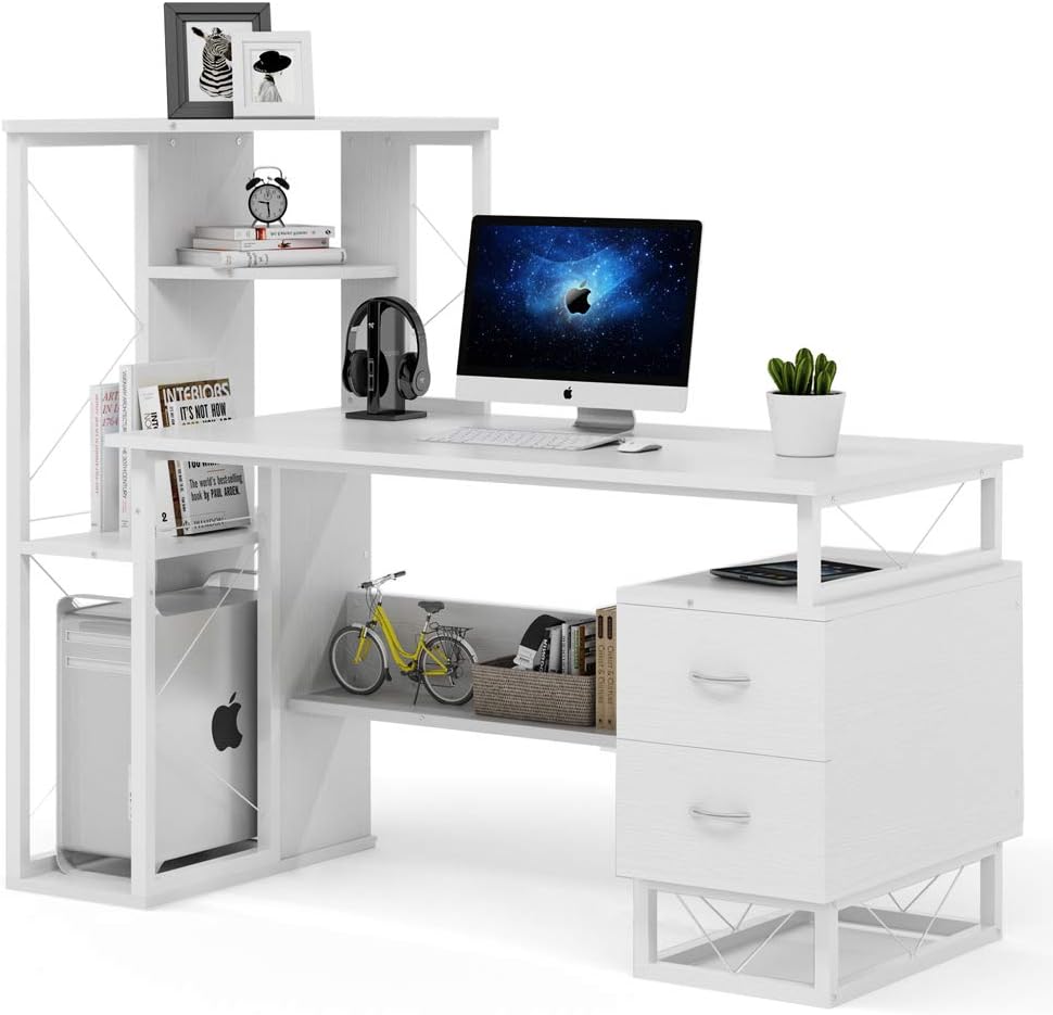 Tribesigns Computer Desk with Drawers, Functional Writing Desk with Corner Tower Shelves Works as Home Office Compact Workstation Desk for Small Space (All White)