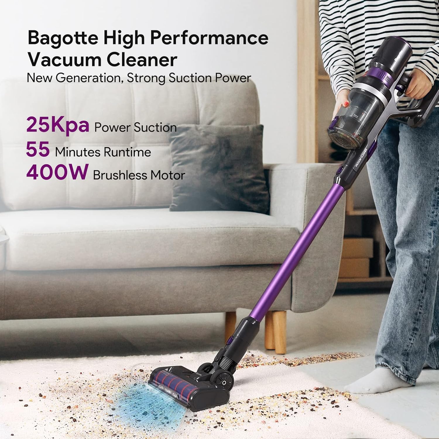 Cordless Vacuum Cleaner, Bagotte 25Kpa Powerful Suction Stick Vacuum, 400W Brushless Motor, Up to 55mins Runtime, 8 in 1 Lightweight Stick Handheld Vacuum for Hard Floor Carpet Car Pet Hair