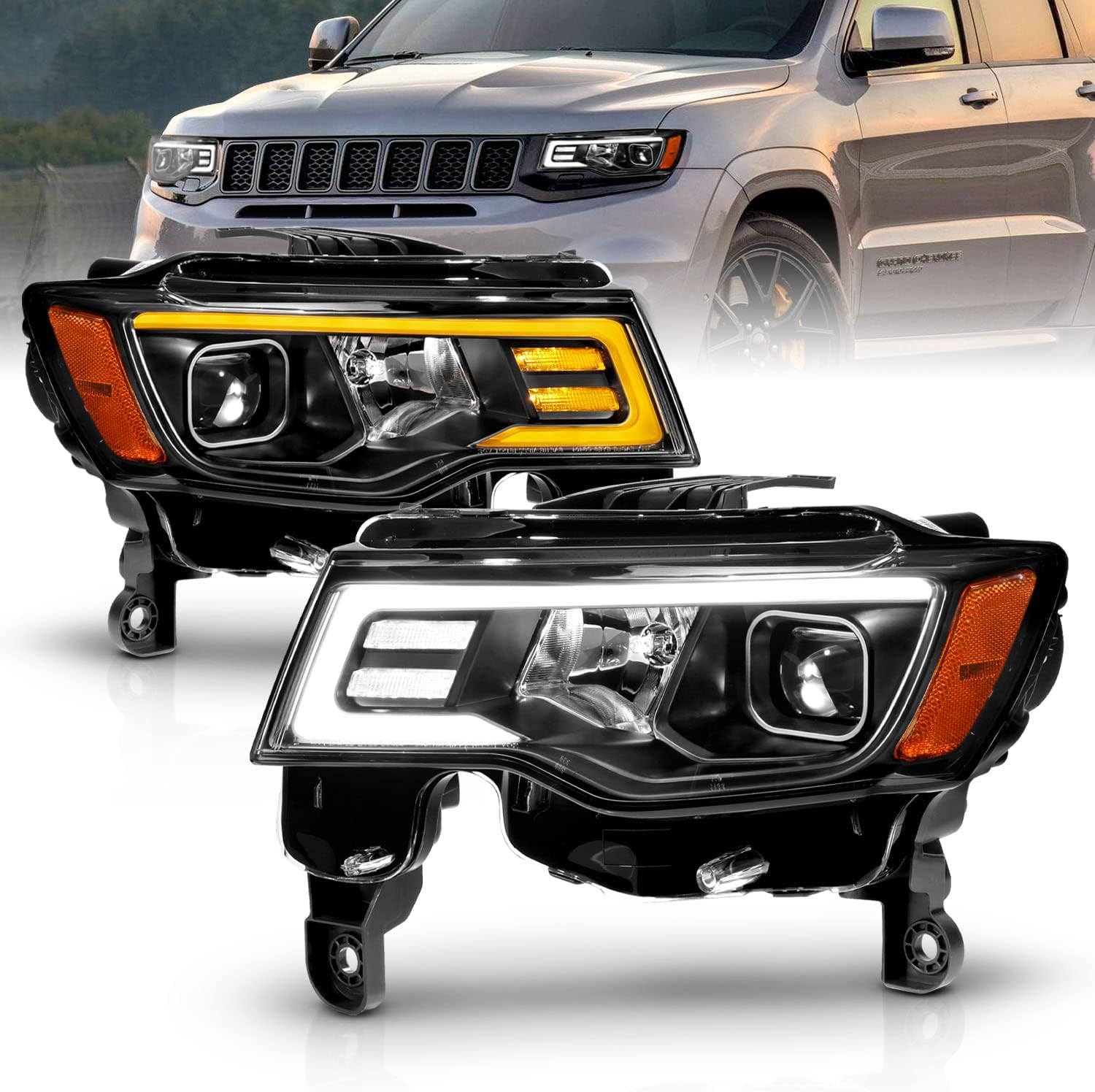 AmeriLite for 2017 2018 2019 Jeep Grand Cherokee Black Quad Projector Headlights w/LED Bar Switchback Set - Passenger and Driver