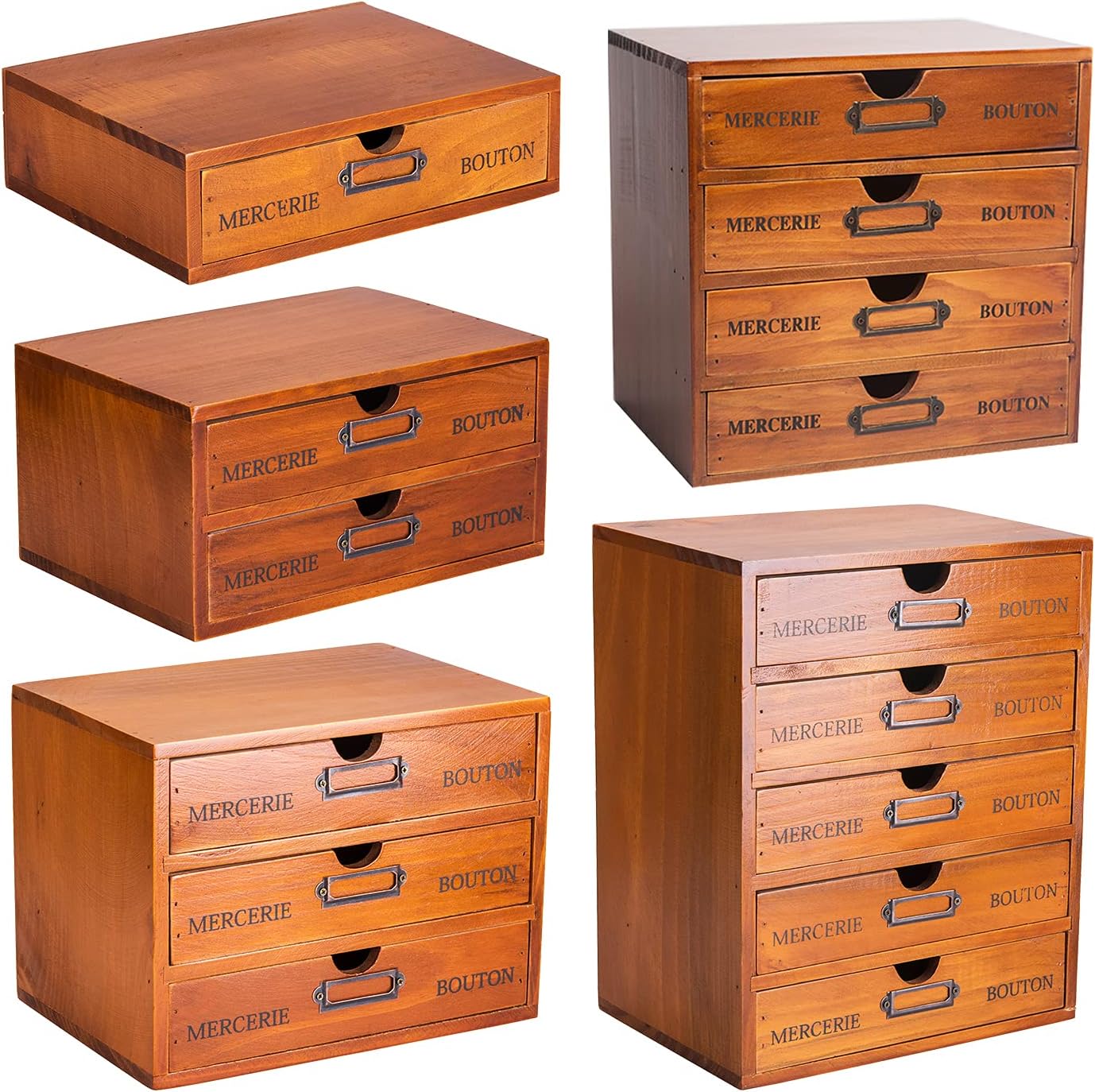 5-Piece Vintage Organization and Storage Set - Single Drawer, 2-Drawer, 3-Drawer, 4-Drawer & 5-Drawer Organizer Chests - Wooden Desk Organizers and Accessories - Standalone / Stackable Storage Drawers