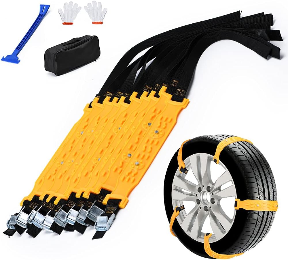 PTNHZ Universal Yellow 10pcs Car Snow Chains TPU Wheel Security Chains Adjustable Snow Tire Chains Belt Emergency Anti-Skid Anti-Slip For Cars Auto Trunk SUV Traction Snow Mud