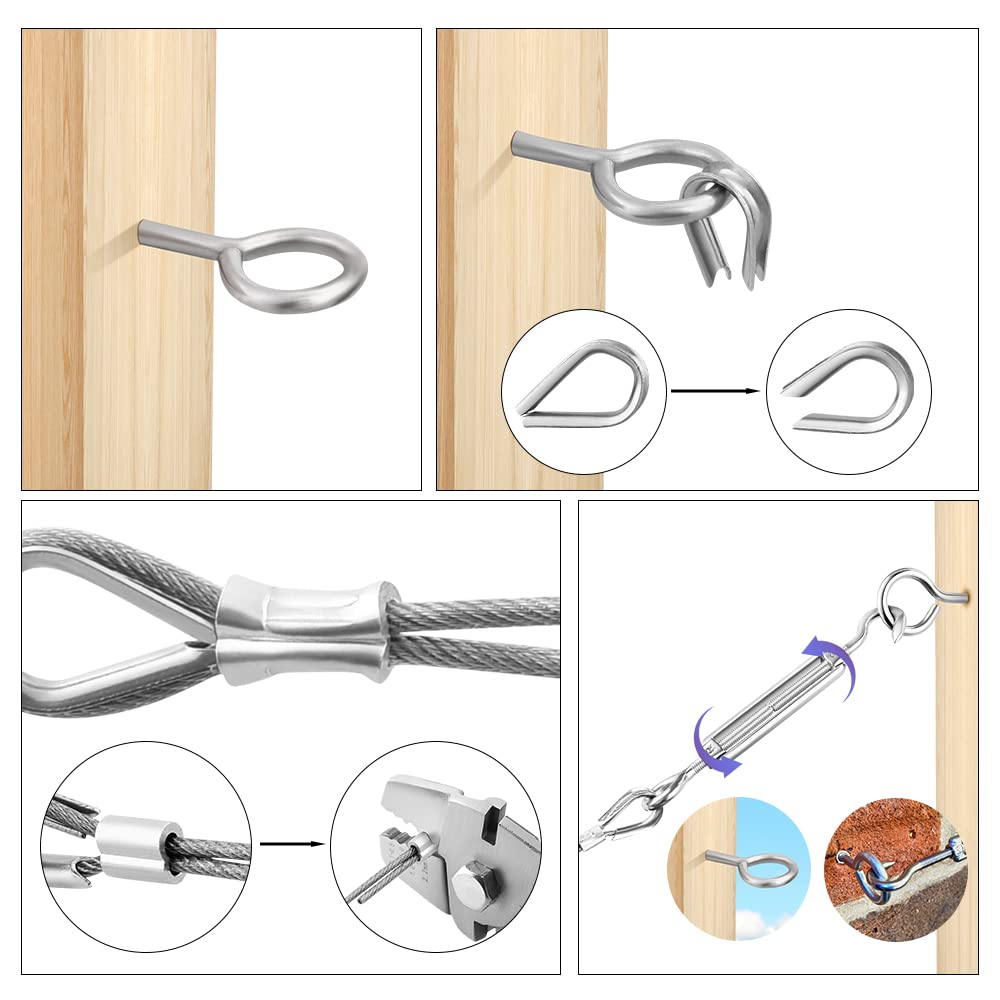 TooTaci Stainless Steel Cable Railing Hardware Kit for Wood Post,Include M5 Turnbuckles Tensioner Strainer,M5 Vine Eye Hooks,M2 Crimping Loop,M2 Thimbles,Use for 1/16