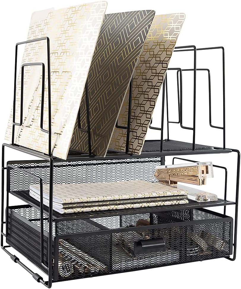 Blu Monaco Workspace Gold Desk Organizers, Storage and Accessories Desktop Rack File Organizer with File Holder Sorters and Drawer for Office Supplies, Paper, Device and Folder Pack of 2