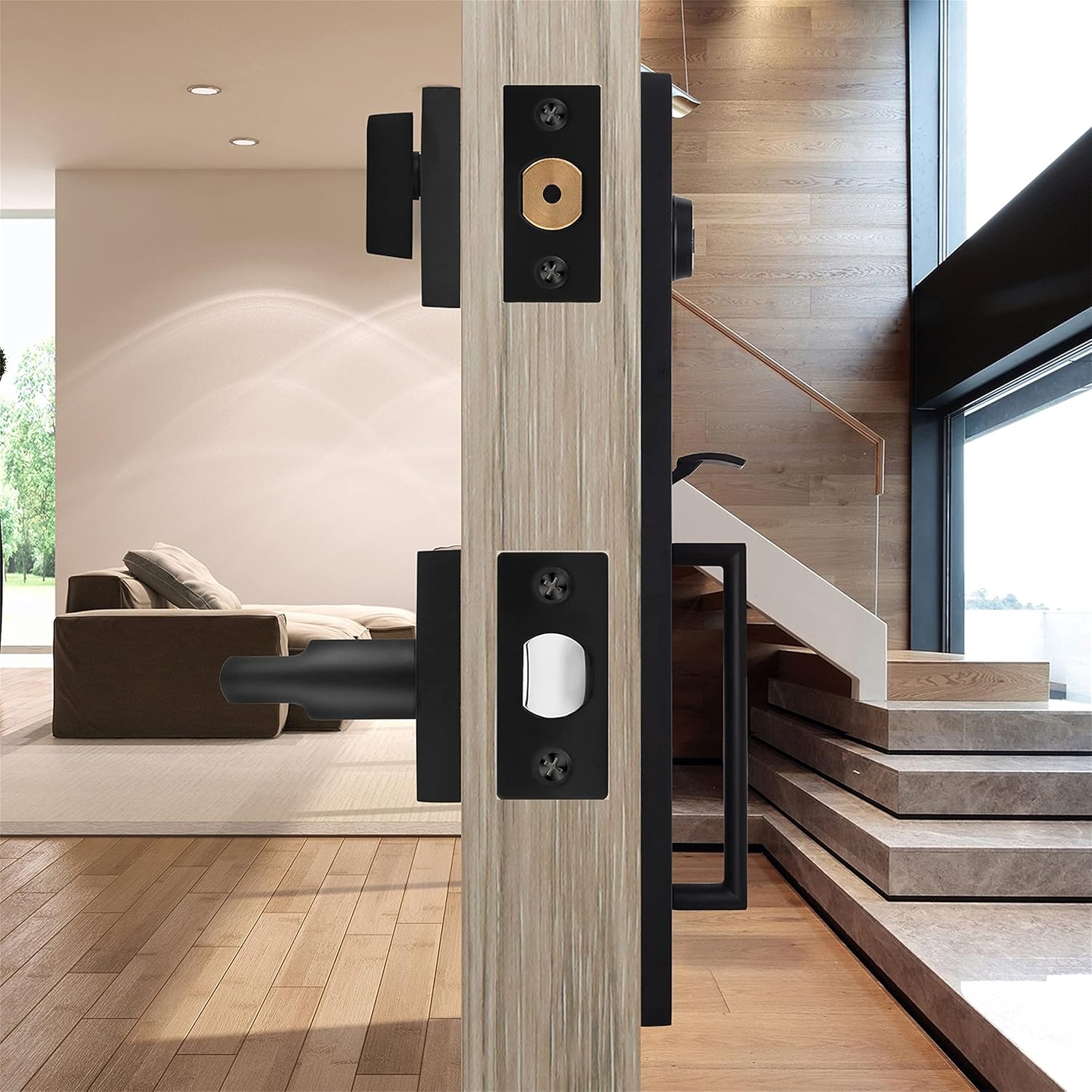 Heittis 1 Pack Matt Black Door Handle Set, Front Door Entry Handle and Bolt Lock Set, Square Single Cylinder Bolt and Lever Heavy Duty - Applicable Left and Right Doors