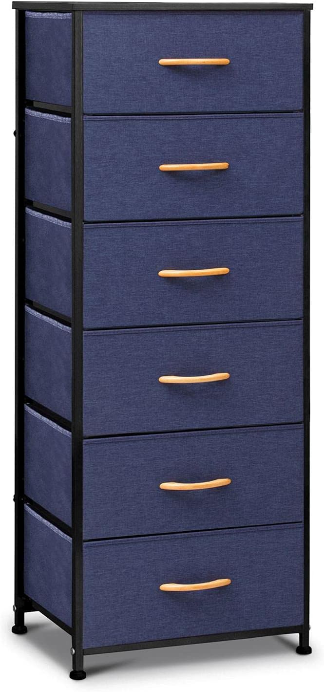 6 Drawers Vertical Storage Tower- Fabric Dresser, Sturdy Metal Frame, Fabric Storage Bins with Wooden Handle and Wooden Top, Organizer Unit for Bedroom/Closet/Hallway/Entryway, Black & Gray