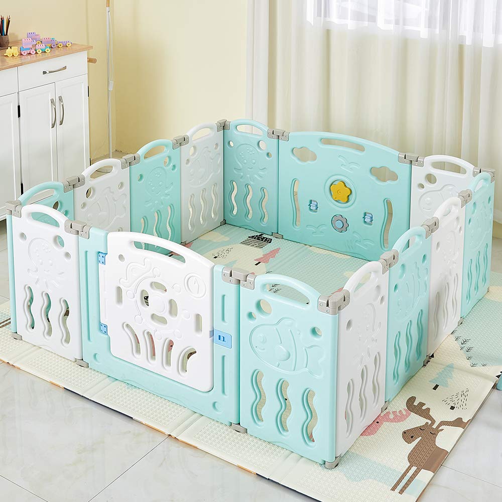 Albott Baby Playpen 14 Panels Safety Sturdy Kids Play Center Yard - Kids Activity Center for Indoor Outdoor Portable Play Yard with Gate for Baby Sky Blue 12+2 Panels
