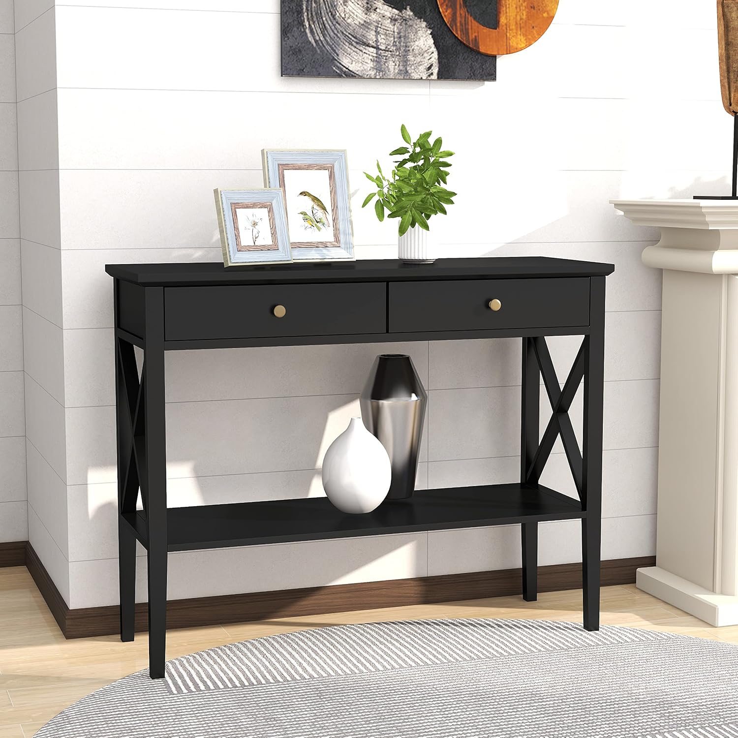 ChooChoo Console Sofa Table Classic X Design with 2 Drawers, Entryway Hall Table, Accent Tables Easy Assembly (Grey)