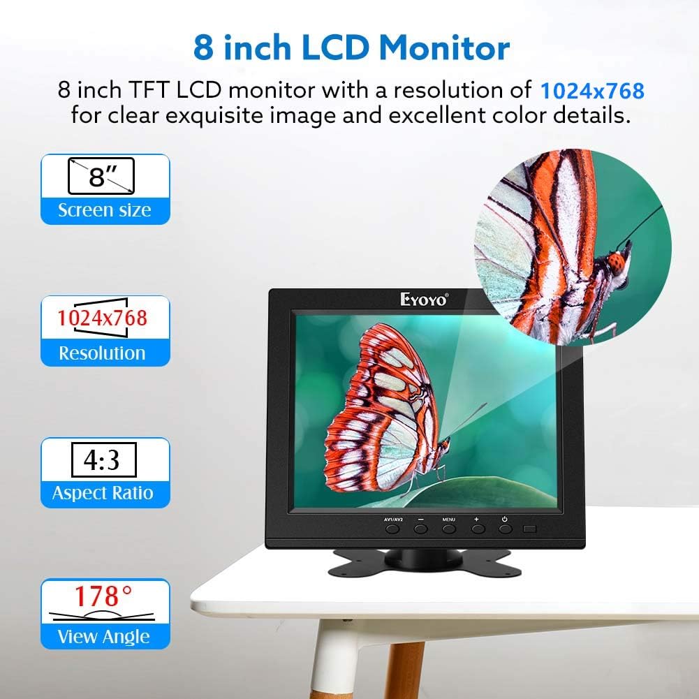 Eyoyo 8 Inch HDMI Monitor 1024x768 Resolution Small Display Portable 4:3 TFT LCD Mini Monitor HD Color Screen Support HDMI VGA BNC AV Ypbpr Input Pack of 2