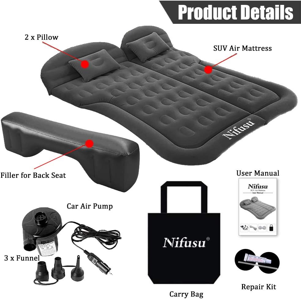 Nifusu SUV Air Mattress Camping Beds, Inflatable Thickened Car Mattress Backseat with Two Pillow and Electric Air Pump, Double-Sided Portable Sleeping Pad for Home, Outdoor and Travel