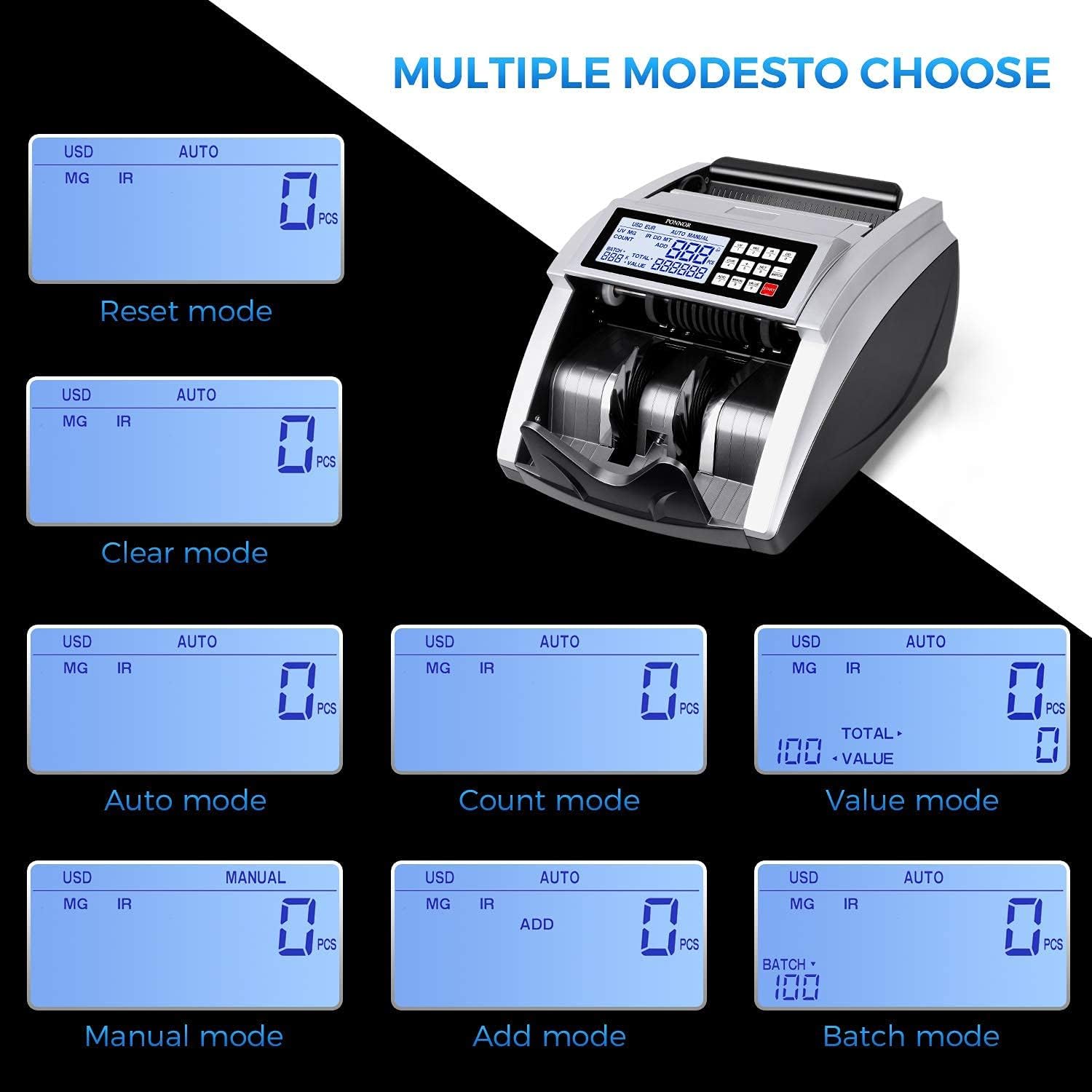 PONNOR Money Counter Machine with UV/MG/IR/DD/DBL/HLF/CHN Counterfeit Detection,Counting Value of Cash, Dollar, Euro, Bill Counting Machine with Portable Handle,Enlarge LCD Display-1,000 Bills/Min
