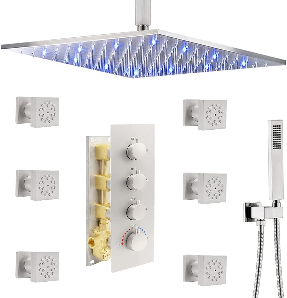 Drettyer 16 Inch Matte Black Thermostatic Shower System With 6 Pcs 2-Function Shower Body Jets Sprays,Ceiling Mount Brass Full Body Shower System,All Shower Functions Can Be Used At The Same Time