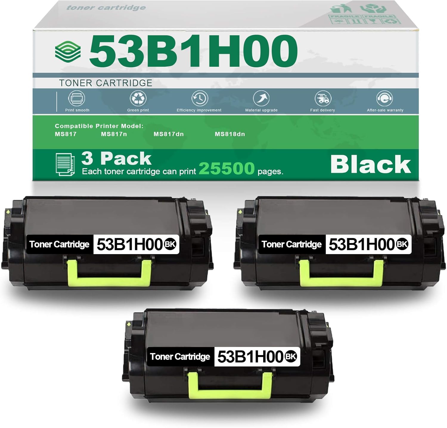 3 Pack Black Compatible 53B1H00 High Yield Remanufactured Toner Cartridge Replacement for Lexmark MS817 MS817n MS817dn MS818dn Printer.