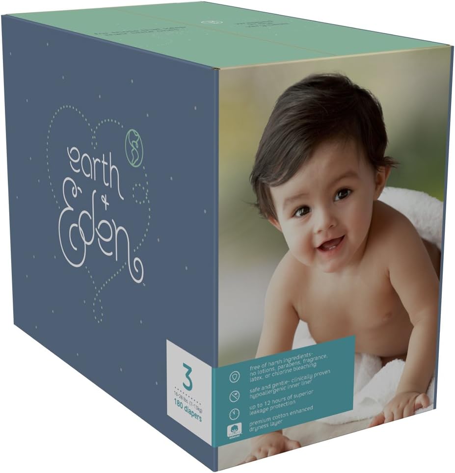 Earth & Eden Baby Diapers, Size 3, 180 Count Pack of 2