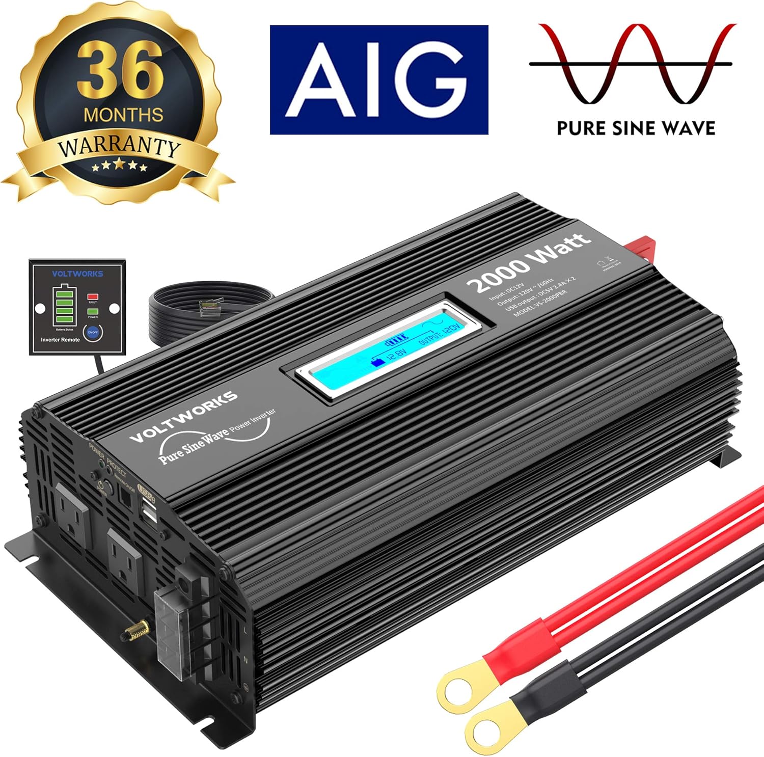 Pure Sine Wave 2000Watt Car Power Inverter Converter DC 12V to 120V AC with 2 AC Outlets 2x2.4A USB Ports 1 AC Terminal Block Remote Control and LCD Display[3 Years Warranty] by VOLTWORKS