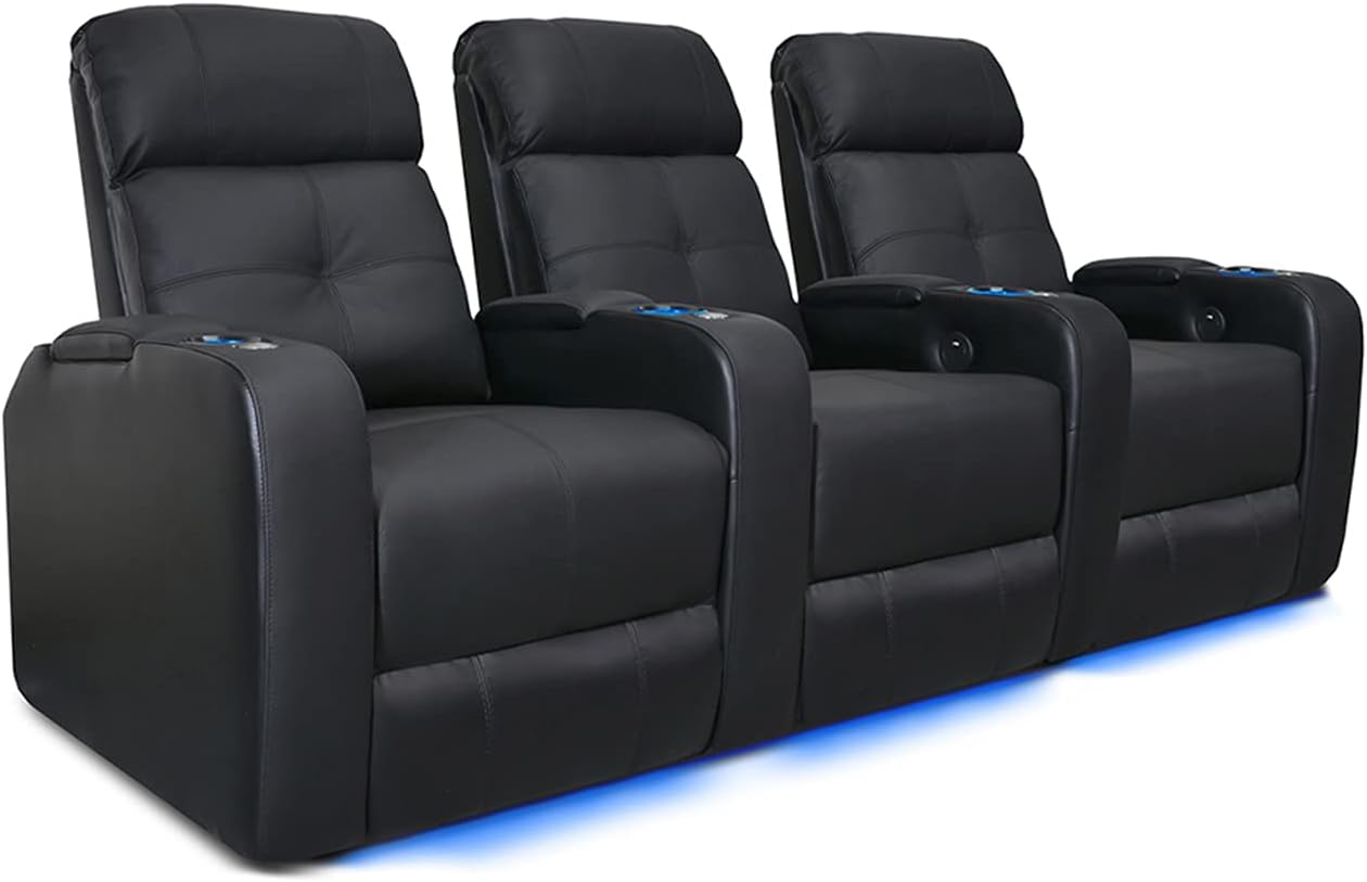 Valencia Verona Home Theater Seating | Premium Top Grain Italian 9000 Leather, Power Recliner, LED Lighting (Single Seat, Black)