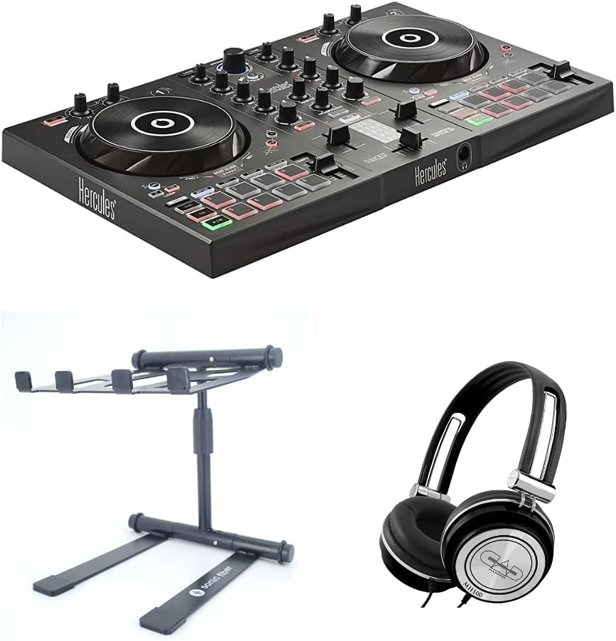 Digitaldjgear DJ Equipment Package with Hercules DJ Control Inpulse 300, CAD MH100 Studio Headphones, and Sonic Fiber Laptop Stand