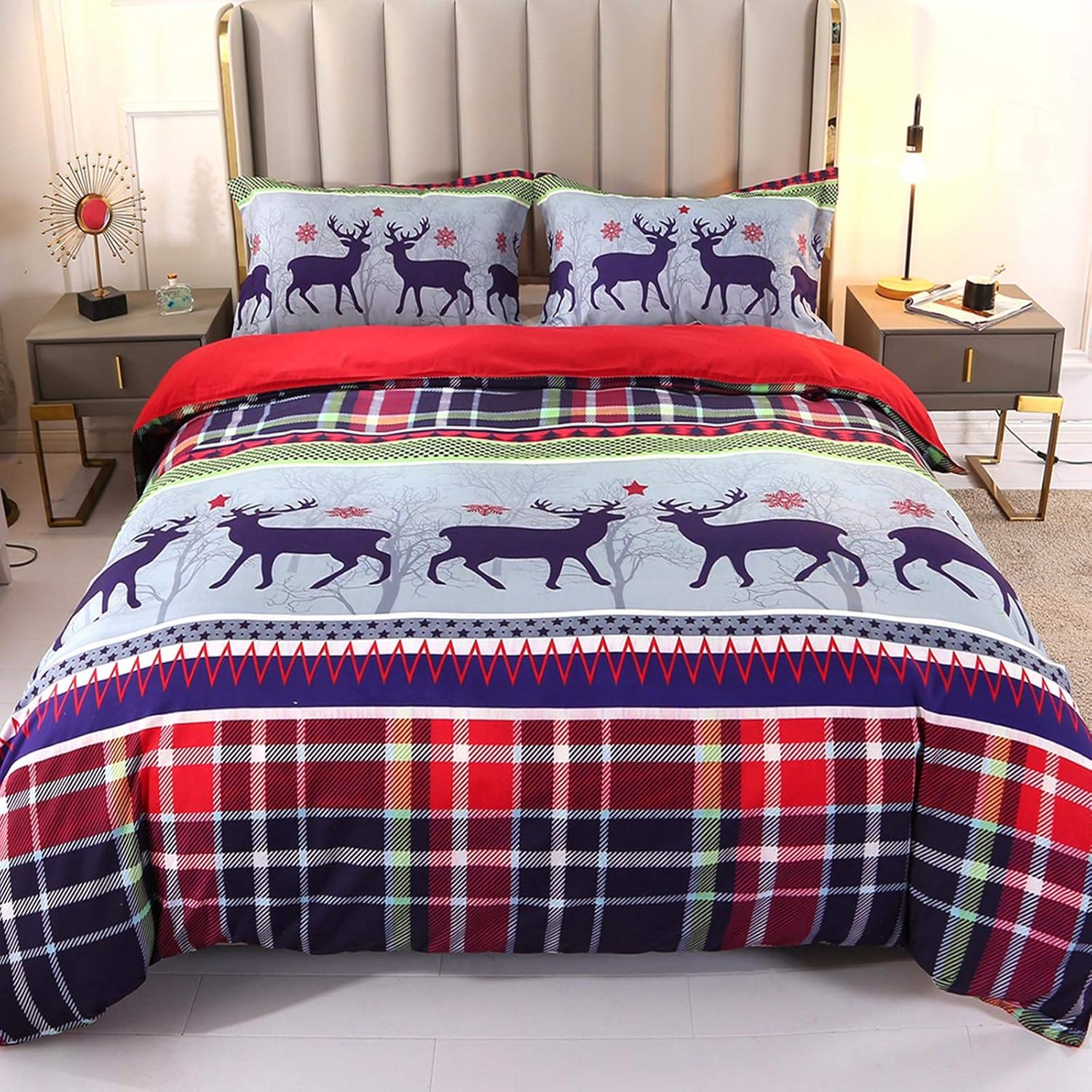 Qucover 3D 3-Piece Merry Christmas Bedding Sets Forest Deer Printed Duvet Cover Set Queen Pack of 2