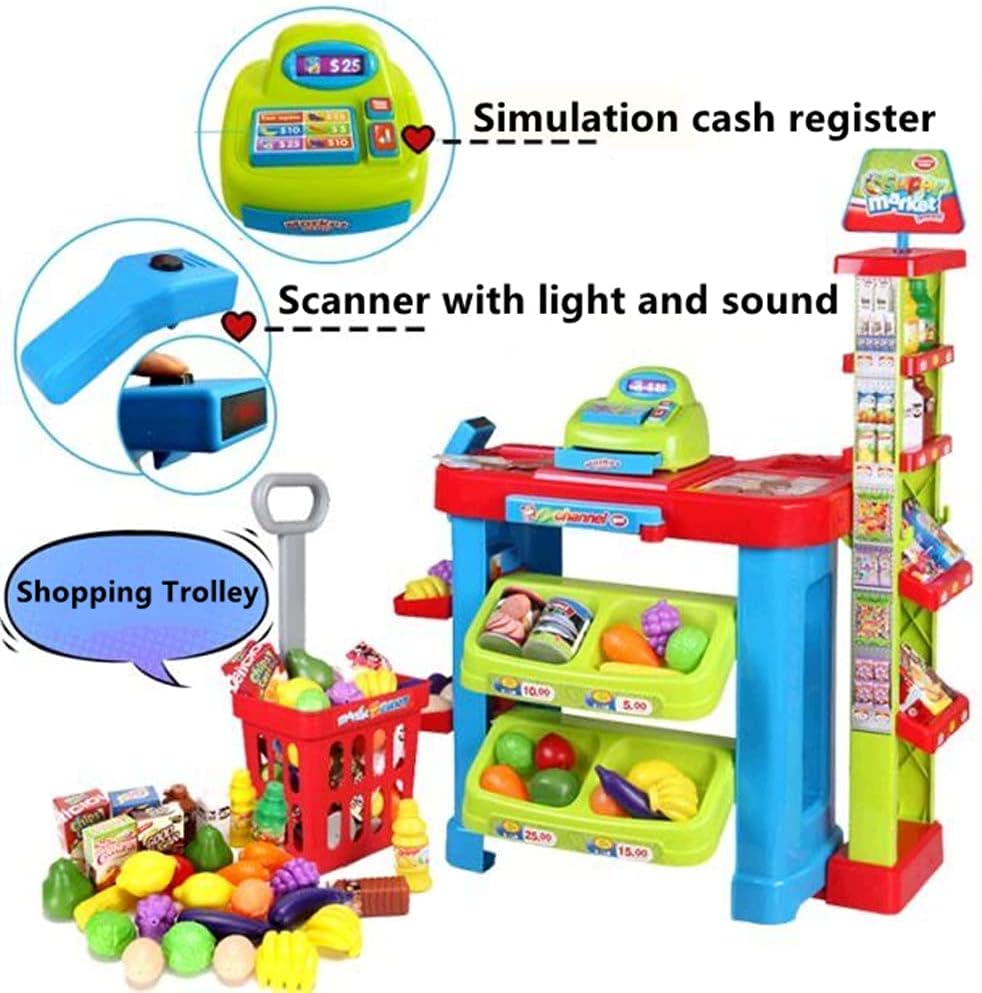 deAO SPM-2 Kids Supermarket Stall Toy Shopping Trolley and Over 30 Play Food Accessories Included Pack of 2