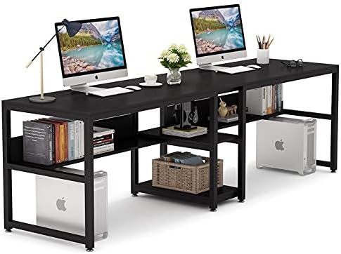 Tribesigns Two Person Desk with Bookshelf, 78.7 Computer Office Double Desk for Two Person, Rustic Writing Desk Workstation with Shelf for Home Office (Black)