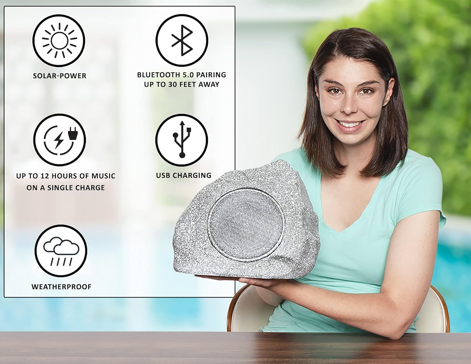 Homewell Outdoor Rock Speaker Solar-Powered Wireless Bluetooth 5.0 Portable Speaker Weatherproof for Patio, Pool, Deck, Yard, Garden and Home (2-Pack)