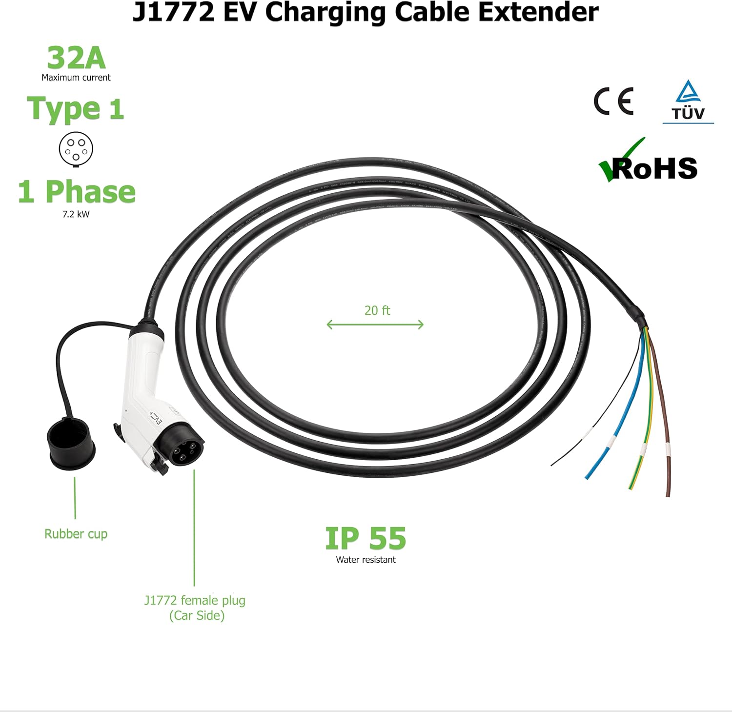 EV + Level 2 Charger Replacement Cord for Electric Vehicles - 32 Amp 240 Volt SAE J1772 Charger for All Charging Stations - 20 ft Charging Cable