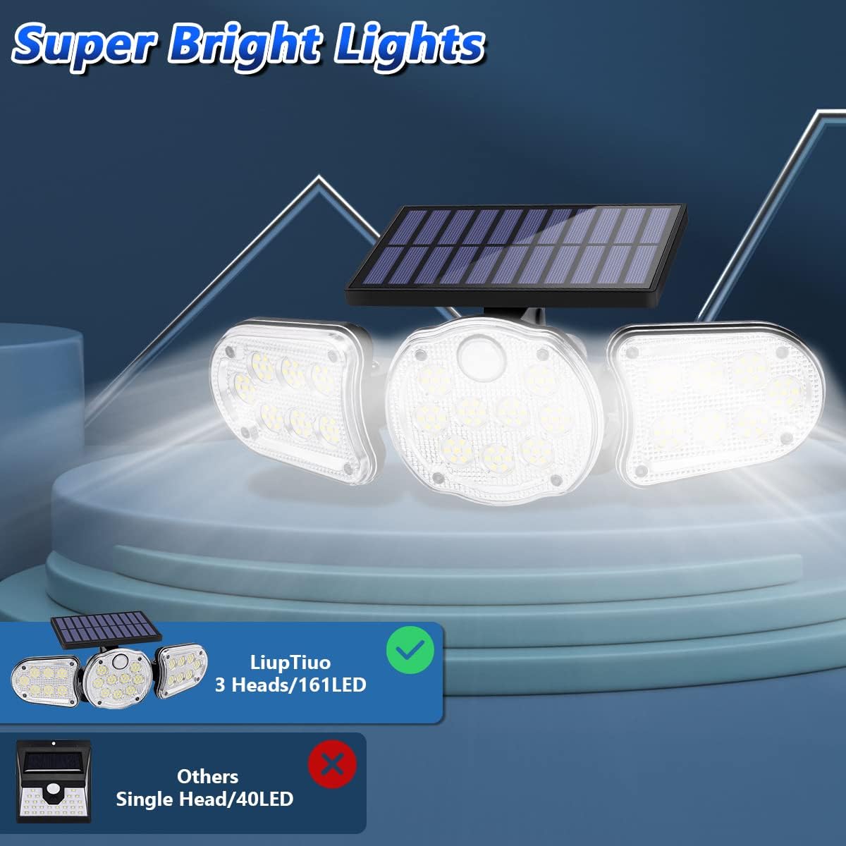 Solar Lights Outdoor, Extra Bright Motion Sensor Outdoor Lights Solar Powered, 3Head Waterproof Flood Lights Outdoor, Wireless Spot Luces Solares, LED Detector Security Lights Outside for Yard 2Pack