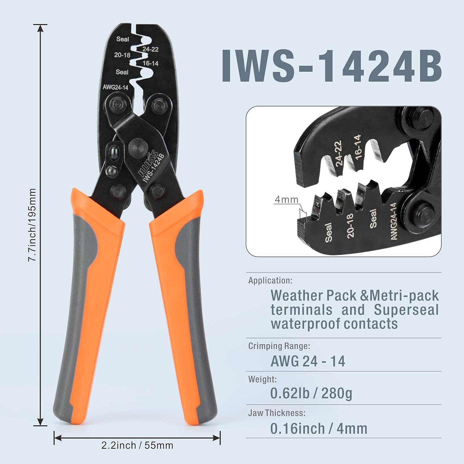 IWISS Weather Pack Sealed Connector Crimping Tool - Wire Crimper for Delphi Metri-Pack 150, 280 & Weather-Pack Terminals AWG24-14