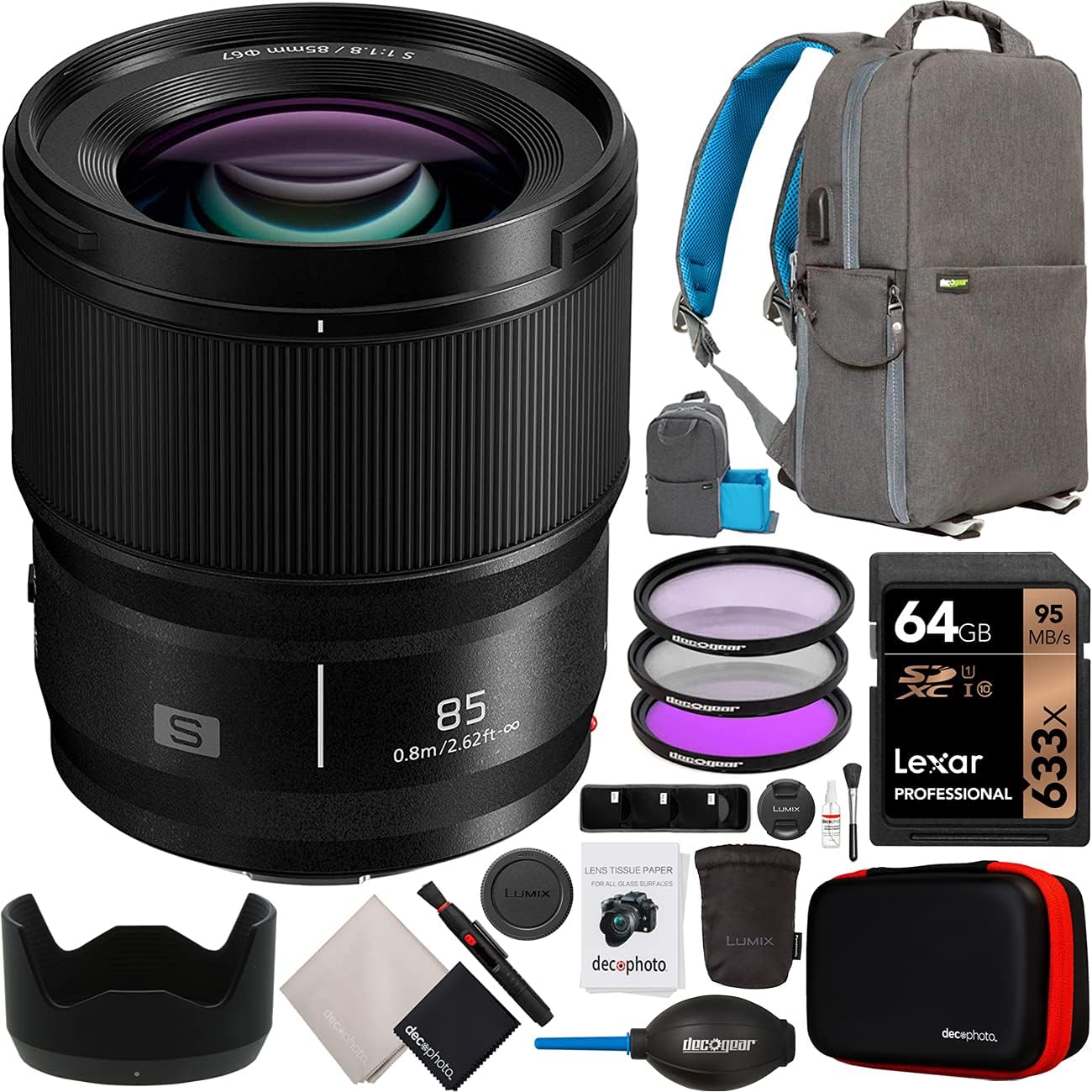 Panasonic 85mm F1.8 Lens LUMIX S Series for L-Mount Mirrorless Full Frame Cameras S-S85 Bundle with Deco Gear Photography Backpack Case + UV, Polarizer & FLD Filter Kit + Accessories Set