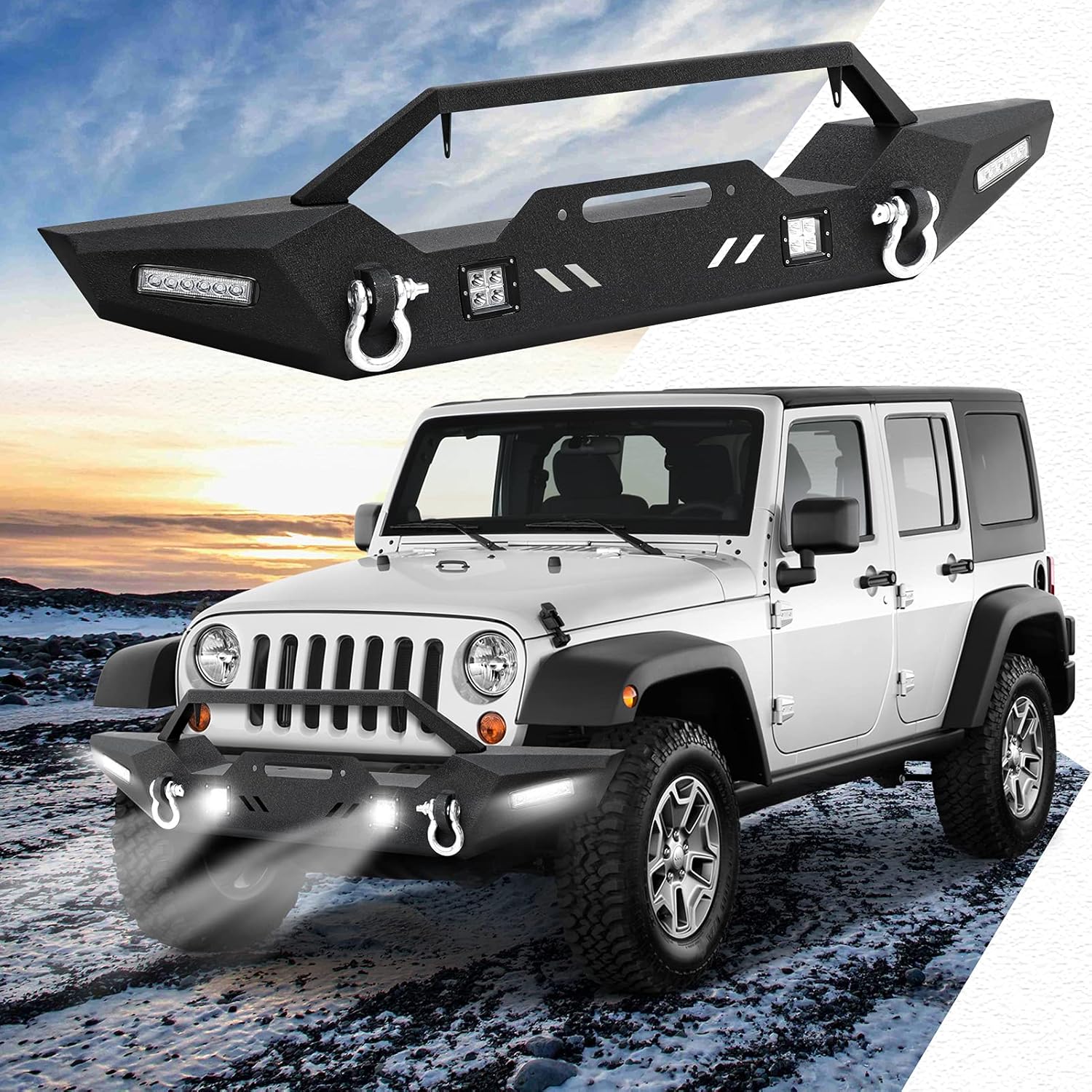 DING.PAI Wrangler JK Front Bumper, 2 LED Work Light Pods & 2 Light Bars & 2 D-rings & Winch Plate, Full Width Off Road Bumper Accessories, Black Heavy Duty Front Bumper for 2007-2018 Wrangler JK JKU