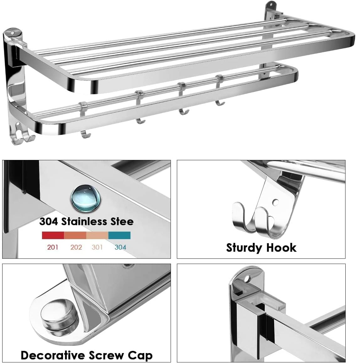 Bathroom Wall Shelves Towel Racks Foldable Double Towel Shelf with Towel Bar and Hooks Brushed Stainless Steel Rust-Proof Shelf Hotel Towels 16inch Pack of 2