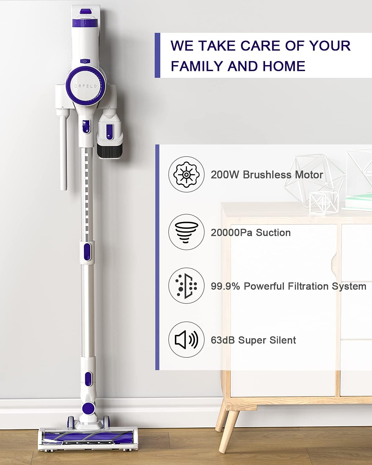 ORFELD Cordless Vacuum Cleaner, 20000Pa Powerful Suction Stick Vacuum Cleaner, 200W Digital Motor Vacuum Cleaner, with Unique Air Outlet HEPA, Suitable for Hard Floor Carpet Hair
