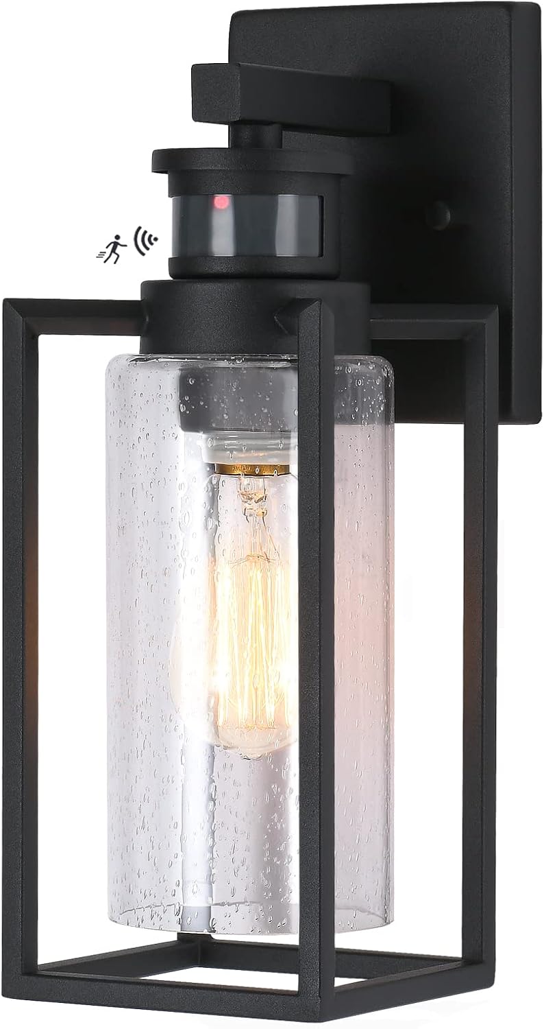 VICTOGATE Dusk to Dawn Motion Sensor Outdoor Porch Light Fixtures Wall Mount Black Modern Exterior Wall Sconce Lantern Lighting for Garage Patio Entryway Doorway