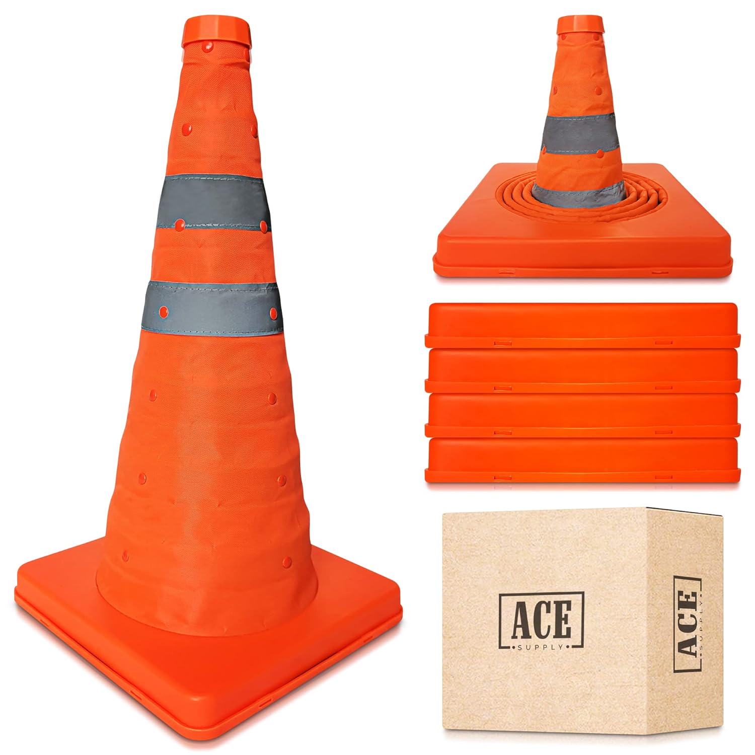 Orange Traffic Cones 18 Inch - 4 Pack, Collapsible Orange Safety Cones, Perfect Traffic Cone for Use As Parking Cones, Driving Cones for Training, Orange Cones for Parking Lot, Orange Cones Traffic