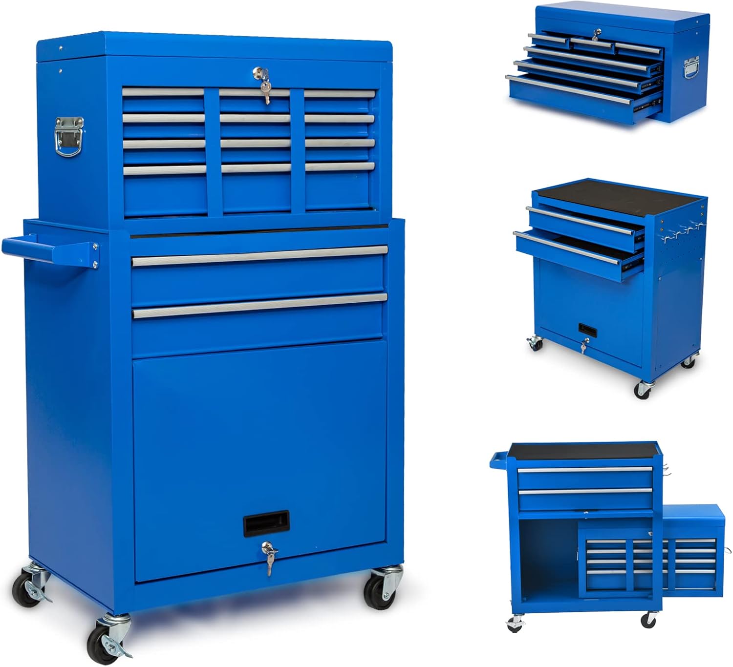 8-Drawer Rolling Tool Chest - Stainless Steel High Capacity Tool Cart for Storage Hardware Tools，Detachable Toolbox Organizer Cabinet with Keyed Locking System ，3 Swivel Casters and 1 Brake (Red)